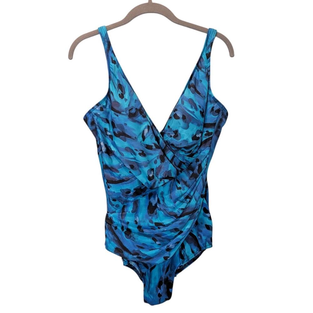 Miraclesuit Women's Sz 16 Blue Abstract One Piece Flattering Swimsuit